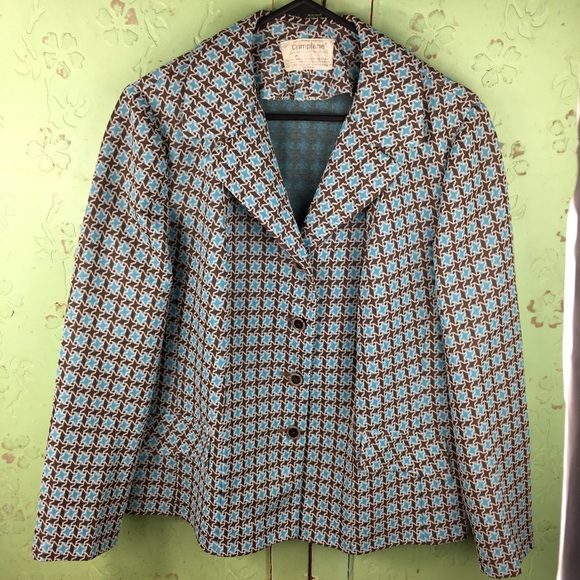 vintage 60’s Jackets & Blazers - Vintage 60’s Crimplene Jacket. Aqua Brown geometrical pattern Ester’s Fashion